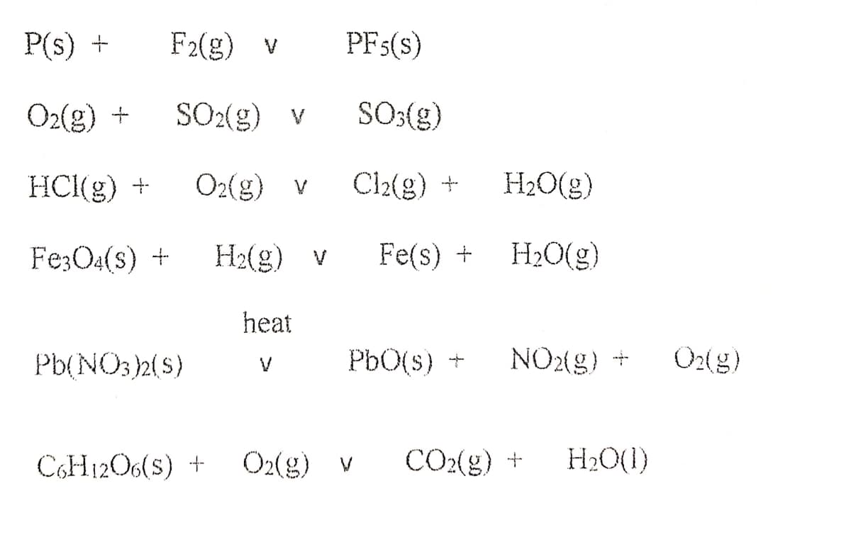 P(s) +
F2(g) v
PF5(s)
O2(g) +
SO2(g) v
SO:(g)
HC(g) +
O2(g) v
Cl2(g) +
H20(g)
Fe;O4(s) +
H2(g) v
Fe(s) +
H20(g)
heat
Pb(NO:2(s)
Pb0(s) +
NO2(g) +
O2(g)
CGH12O6(s) +
O2(g) v
CO2(g) +
H2O(1)
