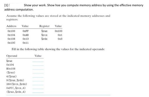 [1] (
Show your work. Show hoe you compute memory address by using the effective memory
address computation.
Assume the following values are stored at the indicated memory addresses and
registers:
Address Value
0x100
OxFF
0x104
OxAB
0x108
0x13
0x10c
0x11
Register
%rax
%rcx
%rdx
$0x108
(%rax)
4(%rax)
9(%rax, %rdx)
260(%rcx,%rdx)
OxFC (,%rcx, 4)
(%rax, %rdx, 4)
Value
0x100
0x1
0x3
Fill in the following table showing the values for the indicated operands:
Operand
Value
%rax
0x104