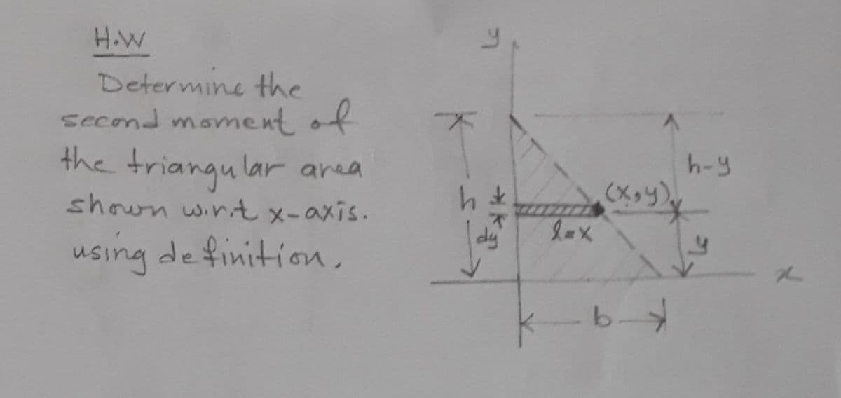 H.W
Determine the
Second moment of
the triangu lar area
h-y
shown wirt x-axis.
dy
using de finition ,
b-

