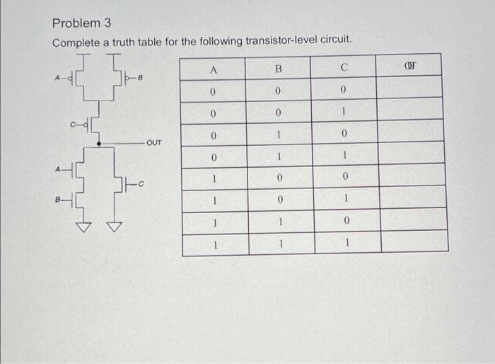 Problem 3
Complete a truth table for the following transistor-level circuit.
A
1
OUT
1
1
1
1
1
1
1
