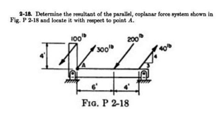 2-18. Determine the resultant of the parallel, coplanar force system shown in
Fig. P 2-18 and locate it with respect to point A.
100
200
300
6'
FIG. P 2-18
