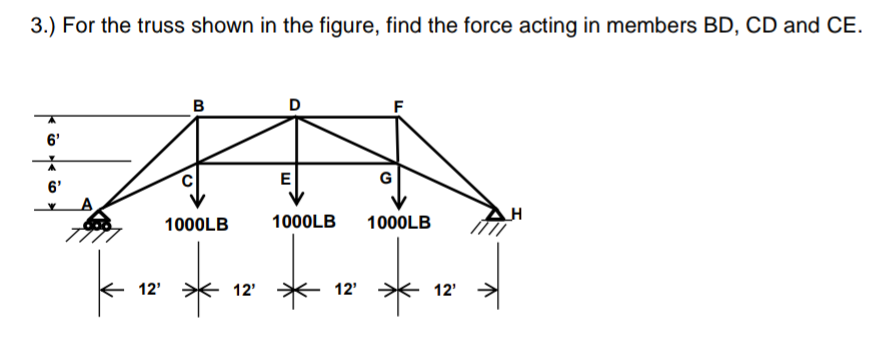 3.) For the truss shown in the figure, find the force acting in members BD, CD and CE.
6'
6'
12'
B
1000LB
12'
E
1000LB
12'
G
1000LB
12'