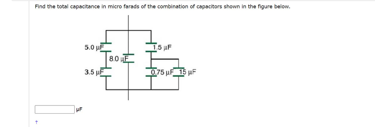 Find the total capacitance in micro farads of the combination of capacitors shown in the figure below.
5.0 µF
15 μF
8.0 uF
3.5 µF
0.75 µF 15 uF
HF
