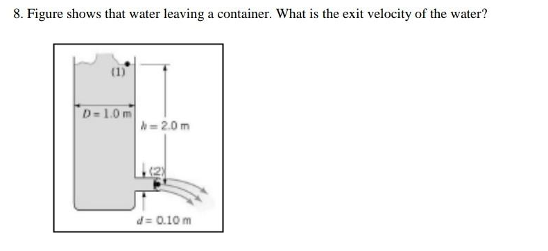 8. Figure shows that water leaving a container. What is the exit velocity of the water?
(1)
D=1.0m
|=2.0m
d= 0.10 m