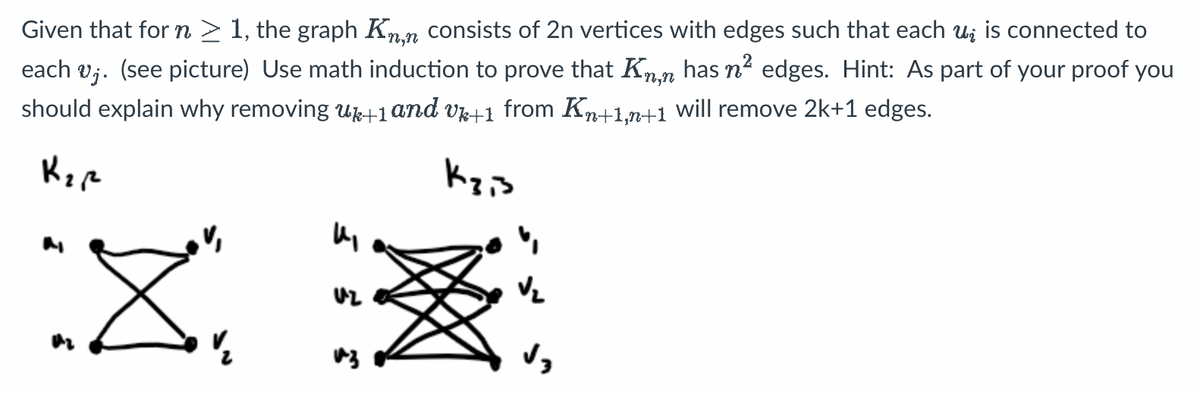 Given that for n ≥ 1, the graph Kn,n consists of 2n vertices with edges such that each uż is connected to
each v₁. (see picture) Use math induction to prove that Kn‚n has n² edges. Hint: As part of your proof you
should explain why removing uk+1 and vk+1 from Kn+1,n+1 will remove 2k+1 edges.
K₂R²
K₂,3
½/2
55
V₂
√₂