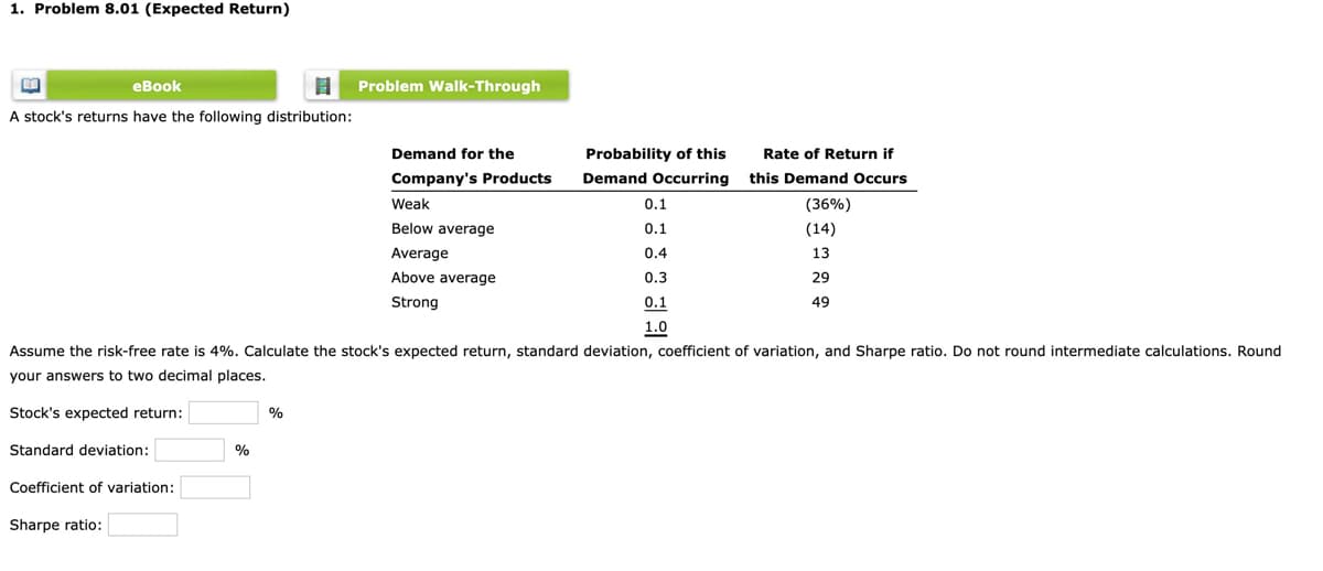 1. Problem 8.01 (Expected Return)
eBook
Problem Walk-Through
A stock's returns have the following distribution:
ETT
Demand for the
Probability of this
Rate of Return if
Company's Products
Demand Occurring
this Demand Occurs
Weak
0.1
(36%)
Below average
0.1
(14)
Average
0.4
13
Above average
0.3
29
Strong
0.1
49
1.0
Assume the risk-free rate is 4%. Calculate the stock's expected return, standard deviation, coefficient of variation, and Sharpe ratio. Do not round intermediate calculations. Round
your answers to two decimal places.
Stock's expected return:
%
Standard deviation:
Coefficient of variation:
Sharpe ratio:
