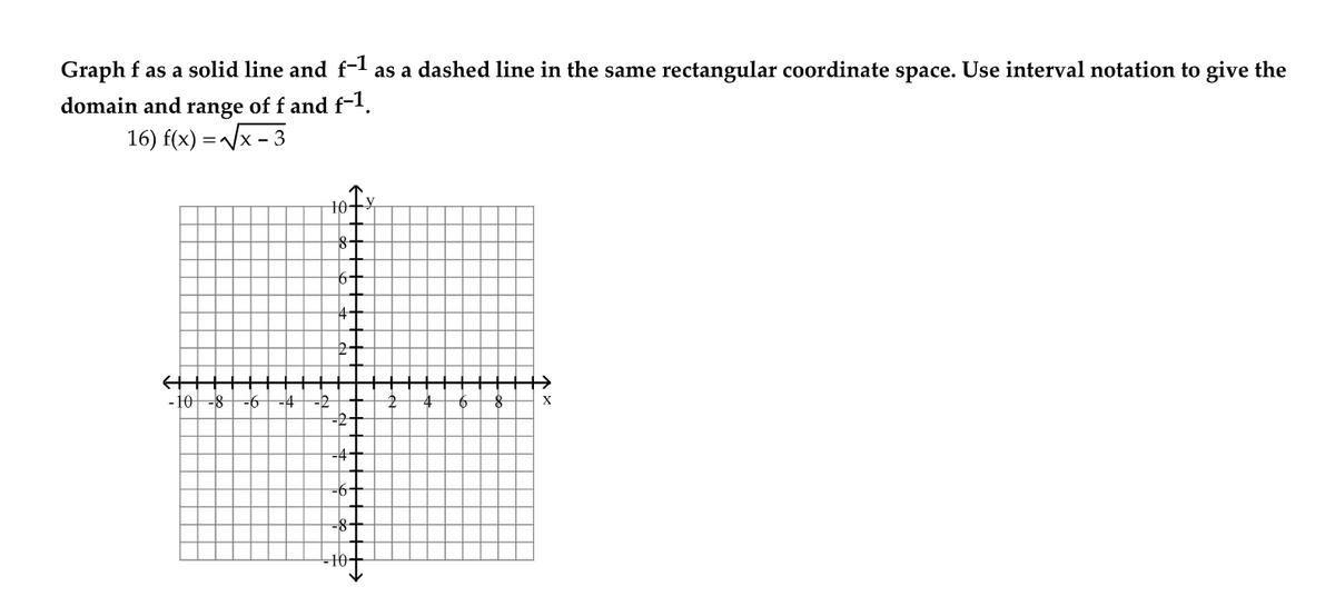 Graph f as a solid line and f-l as a dashed line in the same rectangular coordinate space. Use interval notation to give the
domain and range of f and f-l.
16) f(x) =/x - 3
10+
-10-8
-6-
-4
-2
X
-10-
