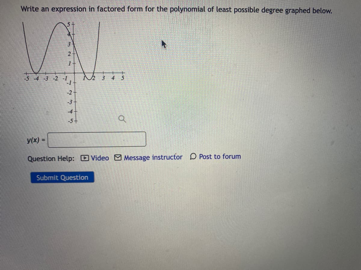 Write an expression in factored form for the polynomial of least possible degree graphed below.
3.
2-
1-
-5 -4 -3 -2 -1
-1
3
4
5
-2
-3
-4
-5+
y(x) =
Question Help: Video M Message instructor D Post to forum
Submit Question
