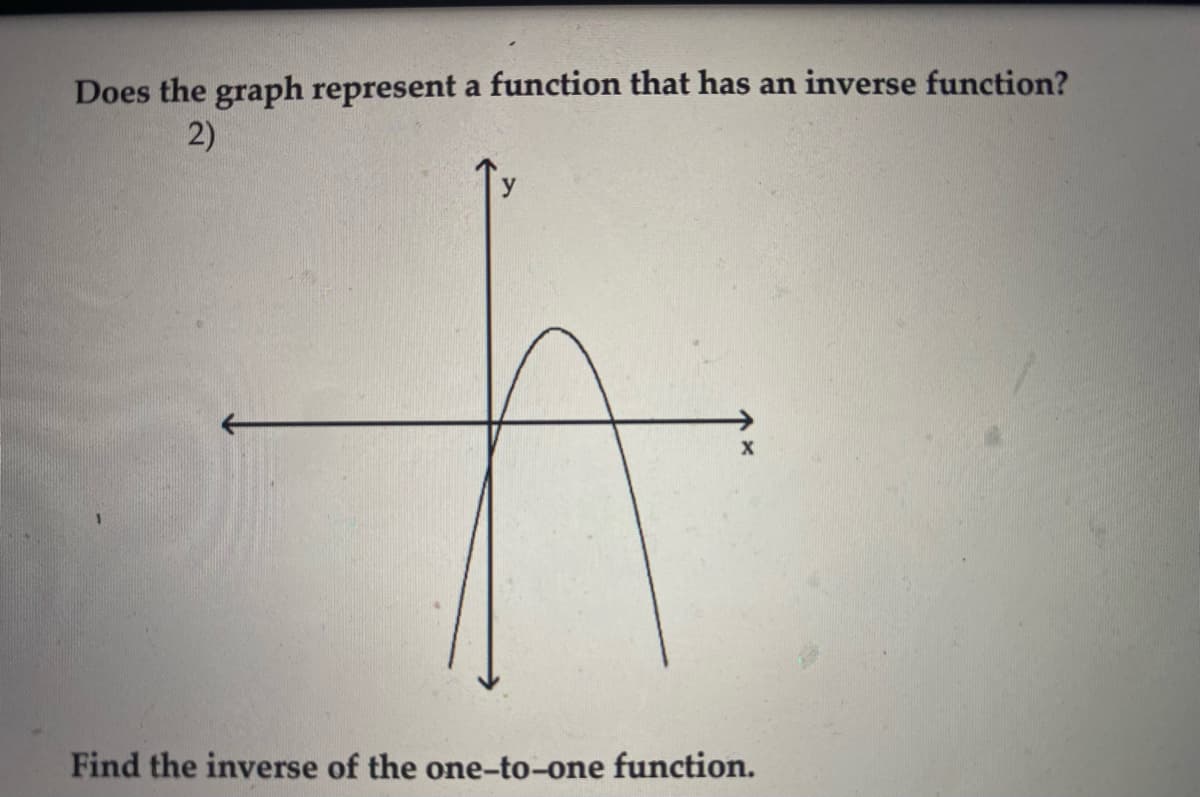 Does the graph represent a function that has an inverse function?
2)
Find the inverse of the one-to-one function.
