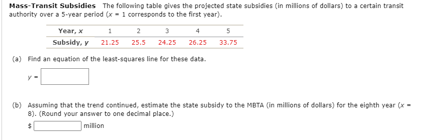 Mass-Transit Subsidies The following table gives the projected state subsidies (in millions of dollars) to a certain transit
authority over a 5-year period (x = 1 corresponds to the first year).
Year, x
3
4
Subsidy, y
21.25
25.5
24.25
26.25
33.75
(a) Find an equation of the least-squares line for these data.
y =
(b) Assuming that the trend continued, estimate the state subsidy to the MBTA (in millions of dollars) for the eighth year (x
8). (Round your answer to one decimal place.)
%24
million
