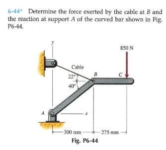 6-44 Determine the force exerted by the cable at B and
the reaction at support A of the curved bar shown in Fig.
P6-44.
850 N
Cable
B
22°
40°
A
-300 mm
275 mm
Fig. P6-44
