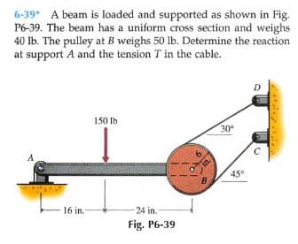 6-39* A beam is loaded and supported as shown in Fig.
P6-39. The beam has a uniform cross section and weighs
40 lb. The pulley at B weighs 50 lb. Determine the reaction
at support A and the tension T in the cable.
150 lb
30
45°
B
16 in.
24 in.
Fig. P6-39

