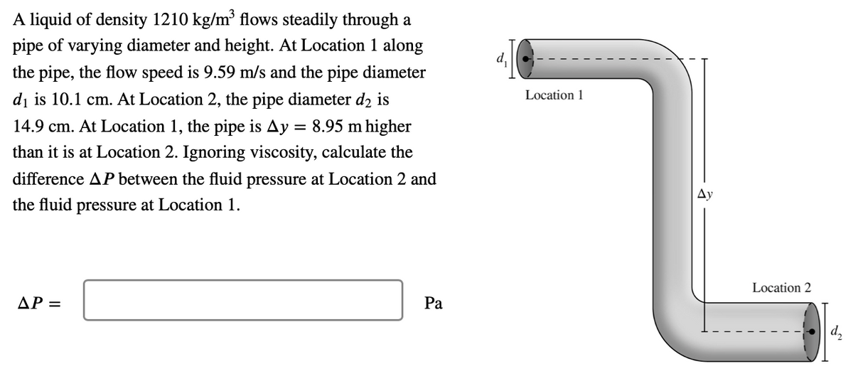 A liquid of density 1210 kg/m³ flows steadily through a
7.
pipe of varying diameter and height. At Location 1 along
the pipe, the flow speed is 9.59 m/s and the pipe diameter
di is 10.1 cm. At Location 2, the pipe diameter d2 is
Location 1
14.9 cm. At Location 1, the pipe is Ay = 8.95 m higher
than it is at Location 2. Ignoring viscosity, calculate the
difference AP between the fluid pressure at Location 2 and
Ay
the fluid pressure at Location 1.
Location 2
AP =
Ра
|d2
