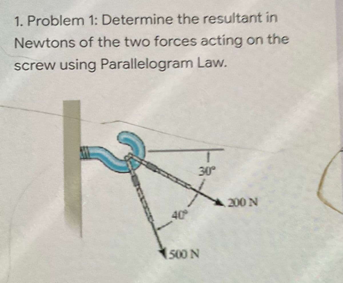 1. Problem 1: Determine the resultant in
Newtons of the two forces acting on the
screw using Parallelogram Law.
30°
200 N
40
500N
