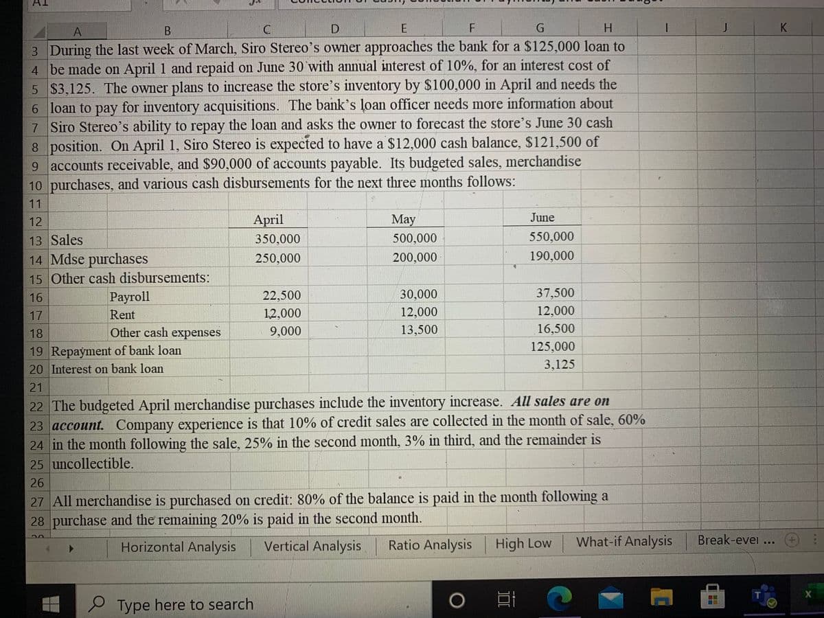 D.
G.
H.
K.
3 During the last week of March, Siro Stereo's owner approaches the bank for a $125,000 loan to
4 be made on April 1 and repaid on June 30 with annual interest of 10%, for an interest cost of
5 $3,125. The owner plans to increase the store's inventory by $100,000 in April and needs the
6 loan to pay for inventory acquisitions. The bank's loan officer needs more information about
7 Siro Stereo's ability to repay the loan and asks the owner to forecast the store's June 30 cash
8 position. On April 1, Siro Stereo is expected to have a $12,000 cash balance, $121,500 of
9 accounts receivable, and $90,000 of accounts payable. Its budgeted sales, merchandise
10 purchases, and various cash disbursements for the next three months follows:
11
June
April
350,000
12
May
13 Sales
500,000
550,000
14 Mdse purchases
15 Other cash disbursements:
Рayroll
Rent
250,000
200,000
190,000
16
22,500
30,000
37,500
17
12,000
12,000
12,000
18
Other cash expenses
9,000
13,500
16,500
125,000
19 Repayment of bank loan
20 Interest on bank loan
3,125
21
22 The budgeted April merchandise purchases include the inventory increase. All sales are on
23 account. Company experience is that 10% of credit sales are collected in the month of sale, 60%
24 in the month following the sale, 25% in the second month, 3% in third, and the remainder is
25 uncollectible.
26
27 All merchandise is purchased on credit: 80% of the balance is paid in the month following a
28 purchase and the remaining 20% is paid in the second month.
Horizontal Analysis
Vertical Analysis
Ratio Analysis
High Low
What-if Analysis
Break-evei ...
P Type here to search
