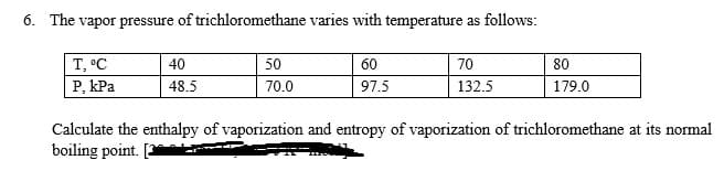 6. The vapor pressure of trichloromethane varies with temperature as follows:
T, °C
P, kPa
40
50
60
70
80
48.5
70.0
97.5
132.5
179.0
Calculate the enthalpy of vaporization and entropy of vaporization of trichloromethane at its normal
boiling point. [ tr-
