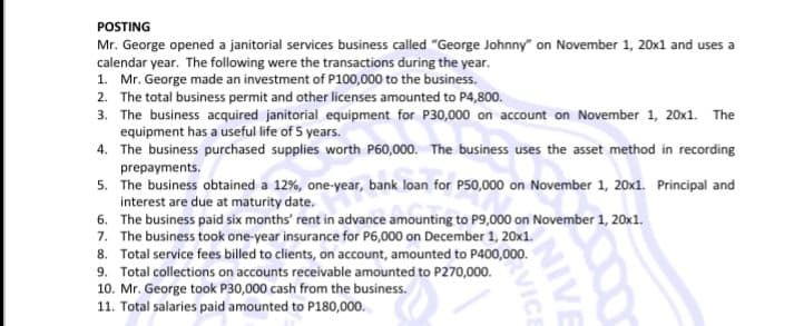 POSTING
Mr. George opened a janitorial services business called "George Johnny" on November 1, 20x1 and uses a
calendar year. The following were the transactions during the year.
1. Mr. George made an investment of P100,000 to the business.
2. The total business permit and other licenses amounted to P4,800.
3. The business acquired janitorial equipment for P30,000 on account on November 1, 20x1. The
equipment has a useful life of 5 years.
4. The business purchased supplies worth P60,000. The business uses the asset method in recording
prepayments.
5. The business obtained a 12%, one-year, bank loan for P50,000 on November 1, 20x1. Principal and
interest are due at maturity date.
6. The business paid six months' rent in advance amounting to P9,000 on November 1, 20x1.
7. The business took one-year insurance for P6,000 on December 1, 20x1.
8. Total service fees billed to clients, on account, amounted to P400,000.
9. Total collections on accounts receivable amounted to P270,000.
10. Mr. George took P30,000 cash from the business.
11. Total salaries paid amounted to P180,000.
NIVE
VICE
