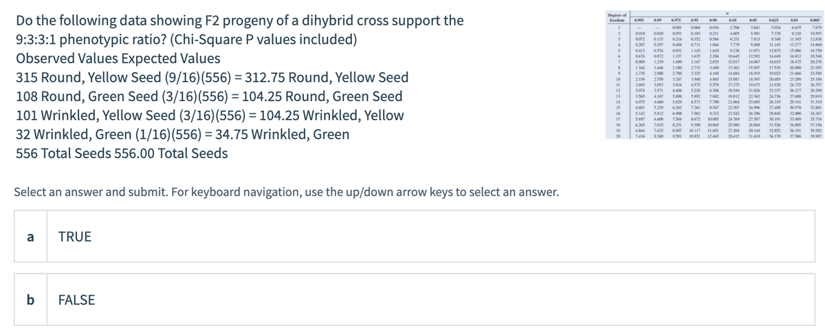 Degrees of
Do the following data showing F2 progeny of a dihybrid cross support the
9:3:3:1 phenotypic ratio? (Chi-Square P values included)
Observed Values Expected Values
315 Round, Yellow Seed (9/16)(556) = 312.75 Round, Yellow Seed
108 Round, Green Seed (3/16)(556) = 104.25 Round, Green Seed
101 Wrinkled, Yellow Seed (3/16)(556) = 104.25 Wrinkled, Yellow
32 Wrinkled, Green (1/16)(556) =34.75 Wrinkled, Green
freedom
.99
975
090
a.99
.10
025
0.004
0016
2.706
3.841
5.024
6.635
7879
0.00
0.051
0103
0211
4.605
5.991
7.378
9.210
10.597
3
0.072
0216
0352
0.584
6.251
7815
9348
11.345
12K
4.
0207
0.297
0.484
0711
106
7.779
9488
IL143
13.277
14.860
0412
0554
L145
1.610
9.236
11.071
12833
15.086
16.750
16812
18.475
0.676
O872
1237
1615
2.20
10645
12.592
14.449
18548
0.989
1.239
160
2.167
2833
12.017
14.067
16.013
20.278
1344
2.180
2.733
3490
4.168
1646
13.362
15.507
17.535
20.000
21.955
1.735
2.088
2.700
3.325
14.684
16919
19.023
21.666
23.589
10
2.156
2558
3.247
3.940
15.987
18.307
20.483
21.920
23.209
25.188
3.053
3.571
17.275
18.549
24.725
26.217
2603
3.816
4575
5.578
19675
26.757
12
3.074
4.404
5.226
6.30
21.026
23.337
28.299
13
3.565
4.107
5009
5.392
7042
19812
22.362
24.736
27.688
29819
14
4.075
4.660
5.629
6.571
7.790
21.064
2385
26.119
29.141
31.319
15
4.601
5.229
6.262
7.261
8.547
22.307
24.996
27.488
30.578
32801
%3D
16
5.142
5.812
6.908
7.962
9312
23.542
26.296
28845
32.000
34.267
17
5.697
6.408
7.564
8672
10.08S
24.769
27.587
30.191
33.409
35.718
18
6265
7015
8.231
34. 805
1
8.907
10.117
9.390
25.989
31.526
37.156
7631
I1.651
27.204
32.852
34.170
19
6844
30.144
36.191
38.582
20
744
8.260
9.591
10.851
12443
28412
31410
37.566
39997
556 Total Seeds 556.00 Total Seeds
Select an answer and submit. For keyboard navigation, use the up/down arrow keys to select an answer.
a
TRUE
b
FALSE
