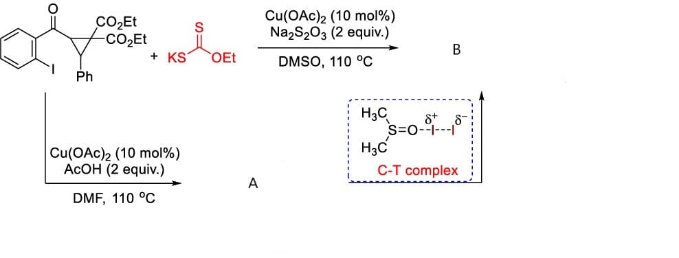 Cu(OAc)2 (10 mol%)
Na,S203 (2 equiv.)
-CO2ET
+ KS
В
OEt
DMSO, 110 °c
Ph
H3C
S=0--I---I
H3C
Cu(OAc)2 (10 mol%)
ACOH (2 equiv.)
C-T complex
A
DMF, 110 °C
