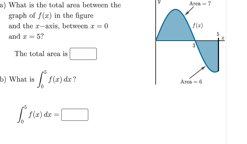 a) What is the total area between the
Area = 7
graph of f(x) in the figure
and the x-axis, between x = 0
f (x)
5
and x =
5?
The total area is
5
b) What is
I
f (x) dx ?
Area = 6
5
f (x) dx
