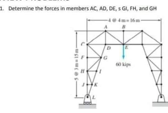 1. Determine the forces in members AC, AD, DE, s GI, FH, and GH
-4@4m= 16m-
60 kips
