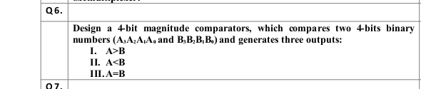 Q6.
Design a 4-bit magnitude comparators, which compares two 4-bits binary
numbers (A,A,A,A, and B,B.B, B.) and generates three outputs:
I. A>B
П. А<В
III. A=B
07.
