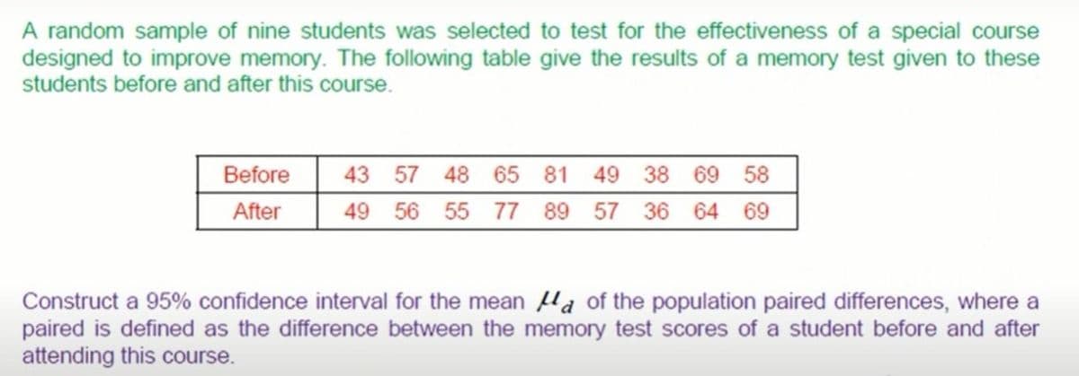 A random sample of nine students was selected to test for the effectiveness of a special course
designed to improve memory. The following table give the results of a memory test given to these
students before and after this course.
Before
43 57 48 65 81 49 38 69 58
After
49
56 55 77
89
57
36
64 69
Construct a 95% confidence interval for the mean Ha of the population paired differences, where a
paired is defined as the difference between the memory test scores of a student before and after
attending this course.
