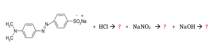 -SO,Na
H,C
+ HCl → ? + NANO2 → ?
NaOH → ?
+
H,C
