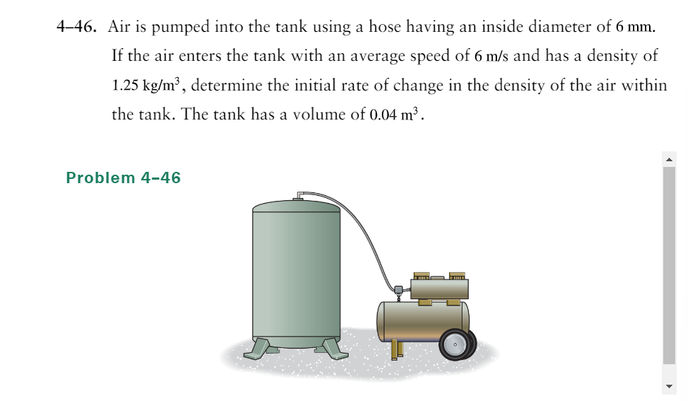 4-46. Air is pumped into the tank using a hose having an inside diameter of 6 mm.
If the air enters the tank with an average speed of 6 m/s and has a density of
1.25 kg/m³, determine the initial rate of change in the density of the air within
the tank. The tank has a volume of 0.04 m²³.
Problem 4-46