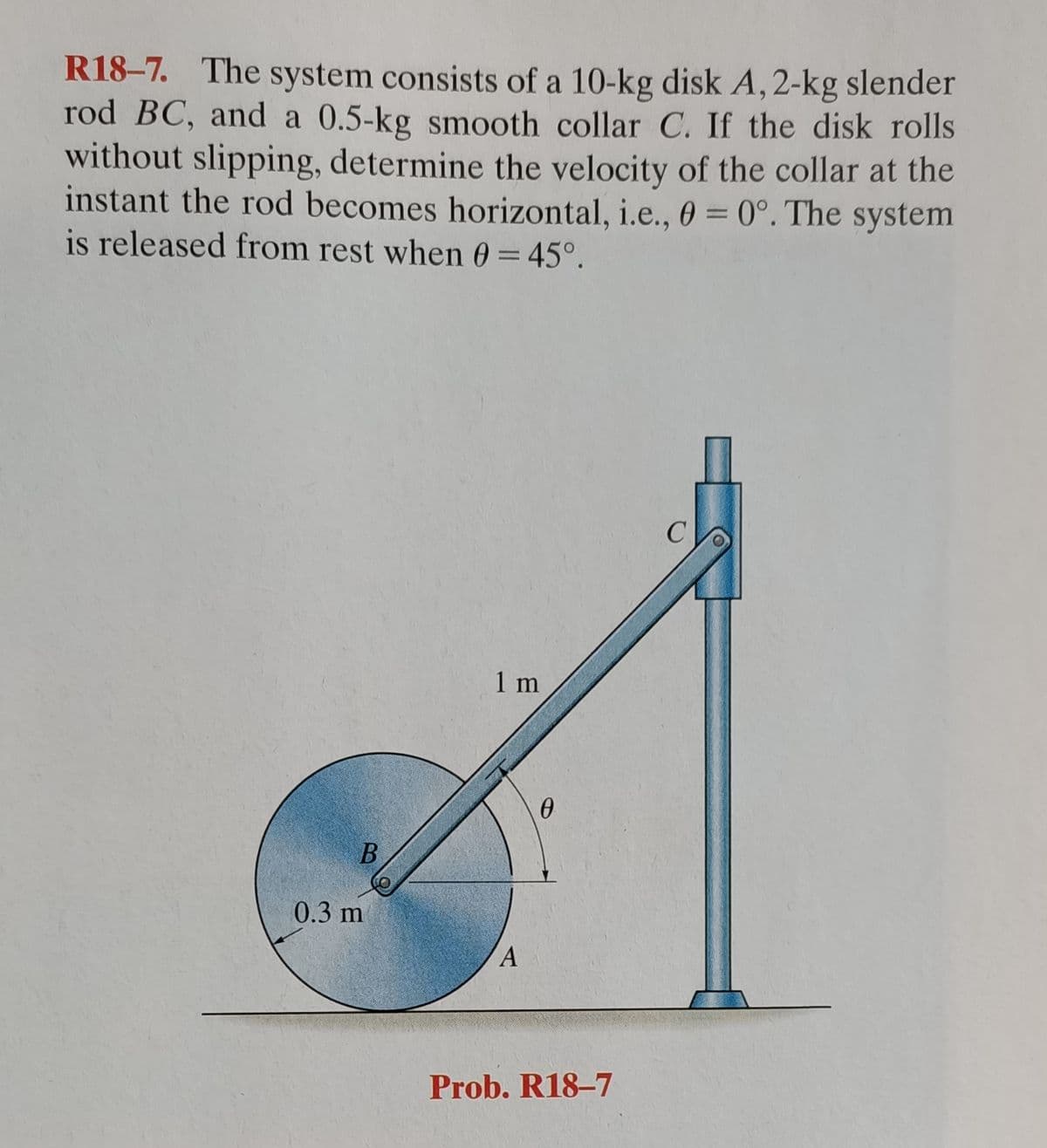 R18–7. The system consists of a 10-kg disk A,2-kg slender
rod BC, and a 0.5-kg smooth collar C. If the disk rolls
without slipping, determine the velocity of the collar at the
instant the rod becomes horizontal, i.e., 0 = 0°. The system
is released from rest when 0 = 45°.
1 m
0.3 m
Prob. R18–7
