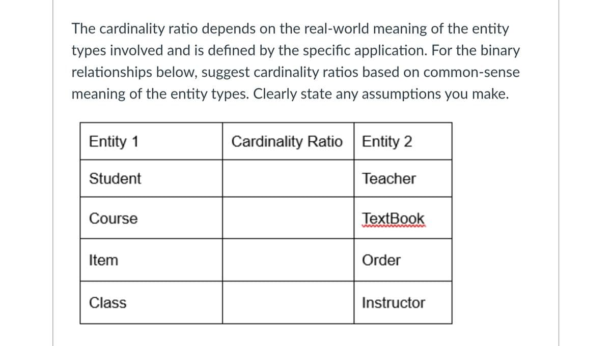 The cardinality ratio depends on the real-world meaning of the entity
types involved and is defined by the specific application. For the binary
relationships below, suggest cardinality ratios based on common-sense
meaning of the entity types. Clearly state any assumptions you make.
Entity 1
Student
Cardinality Ratio
Entity 2
Course
Item
Class
Teacher
TextBook
wwwwwwwwwww
Order
Instructor