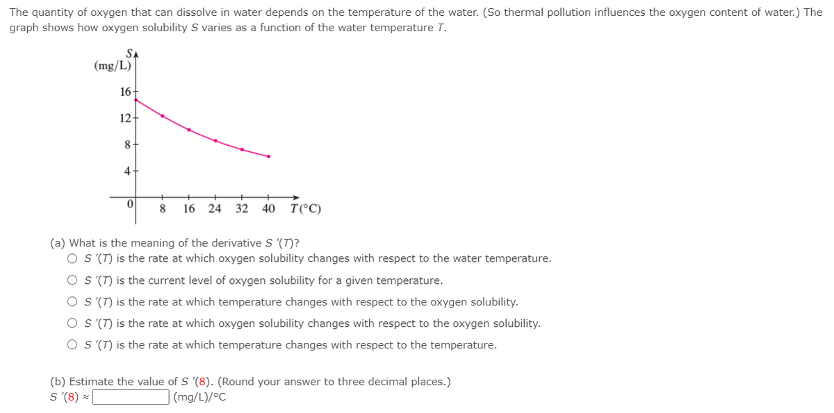 The quantity of oxygen that can dissolve in water depends on the temperature of the water. (So thermal pollution influences the oxygen content of water.) The
graph shows how oxygen solubility S varies as a function of the water temperature T.
SA
(mg/L)
16
12
4-
8
16
24
32
40
T(°C)
(a) What is the meaning of the derivative S '(T)?
O S (T) is the rate at which oxygen solubility changes with respect to the water temperature.
O S (T) is the current level of oxygen solubility for a given temperature.
O S (T) is the rate at which temperature changes with respect to the oxygen solubility.
O S (T) is the rate at which oxygen solubility changes with respect to the oxygen solubility.
O S (T) is the rate at which temperature changes with respect to the temperature.
(b) Estimate the value of S (8). (Round your answer to three decimal places.)
S (8) × |
(mg/L)/°C
