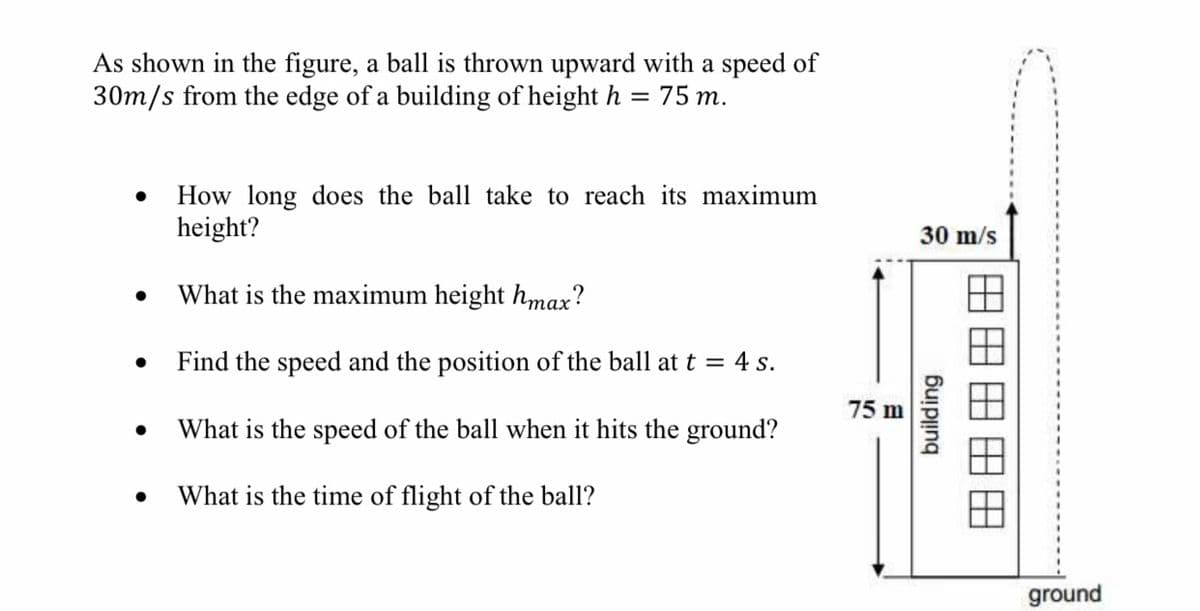 As shown in the figure, a ball is thrown upward with a speed of
30m/s from the edge of a building of height h
75 m.
How long does the ball take to reach its maximum
height?
30 m/s
What is the maximum height hmax?
Find the speed and the position of the ball at t = 4 s.
75 m
What is the speed of the ball when it hits the ground?
What is the time of flight of the ball?
ground
building
