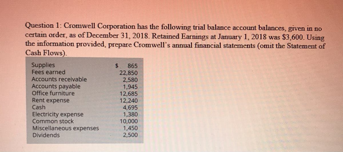Question 1: Cromwell Corporation has the following trial balance account balances, given in no
certain order, as of December 31, 2018. Retained Earnings at January 1, 2018 was $3,600. Using
the information provided, prepare Cromwell's annual financial statements (omit the Statement of
Cash Flows).
Supplies
Fees earned
$.
865
22,850
2,580
1,945
12,685
12,240
4,695
1,380
10,000
1,450
2,500
Accounts receivable
Accounts payable
Office furniture
Rent expense
Cash
Electricity expense
Common stock
Miscellaneous expenses
Dividends
