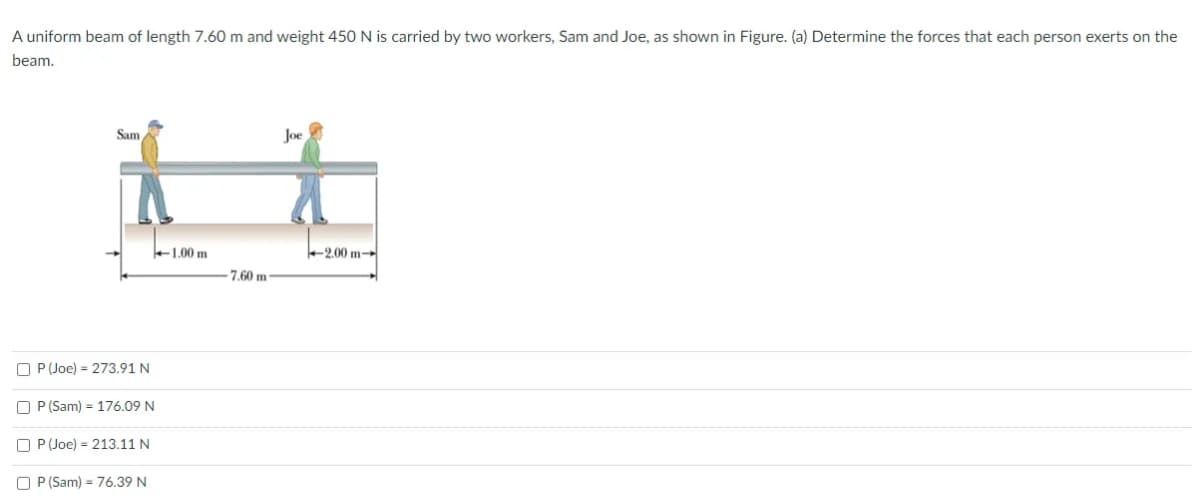 A uniform beam of length 7.60 m and weight 450 N is carried by two workers, Sam and Joe, as shown in Figure. (a) Determine the forces that each person exerts on the
beam.
Sam
Joe
+1.00 m
+2.00 m-
7.60 m
O P(Joe) = 273.91 N
O P (Sam) = 176.09 N
O P (Joe) = 213.11 N
O P (Sam) = 76.39 N
