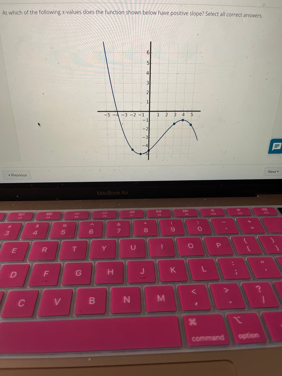 At which of the following x-values does the function shown below have positive slope? Select all correct answers.
5
3
< Previous
80
3
E
D
F3
C
$
4
888
F4
R
F
er de
%
5
V
F5
T
G
6
B
-5 -3 -2 -1
-1
-2
MacBook Air
F6
Y
H
&
7
F?
U
N
2
*
8
J
1
DII
FB
1
2
M
3
(
9
K
4 5
DD
O
V
H
O
L
F10
P
A
command
F11
{
[
option
11
1
Next ▸