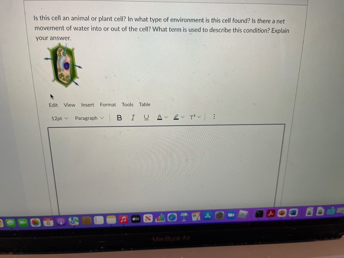 Is this cell an animal or plant cell? In what type of environment is this cell found? Is there a net
movement of water into or out of the cell? What term is used to describe this condition? Explain
your answer.
Edit View
Insert Format Tools Table
12pt v
Paragraph v
|BIU A v
OT A
stv
MacBook Air
