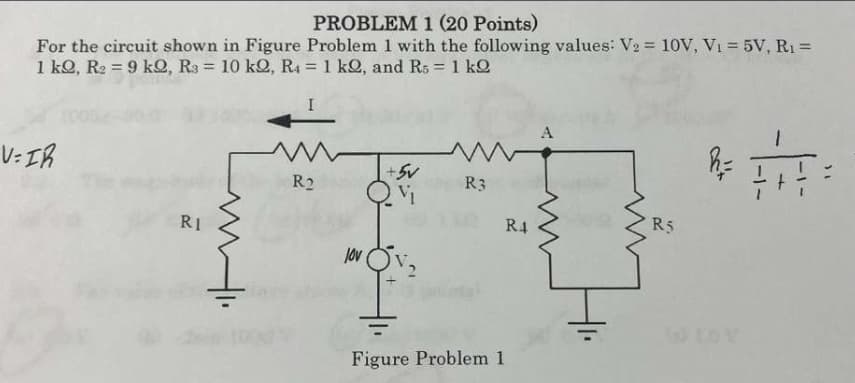 PROBLEM 1 (20 Points)
For the circuit shown in Figure Problem 1 with the following values: V2 = 10V, VI = 5V, R1 =
1 kQ, R2 = 9 kO, R3 = 10 kQ, R4 = 1 kQ, and Rs = 1 kQ
A
+5v
R3
R2
R5
R4
R1
jov
Figure Problem 1
