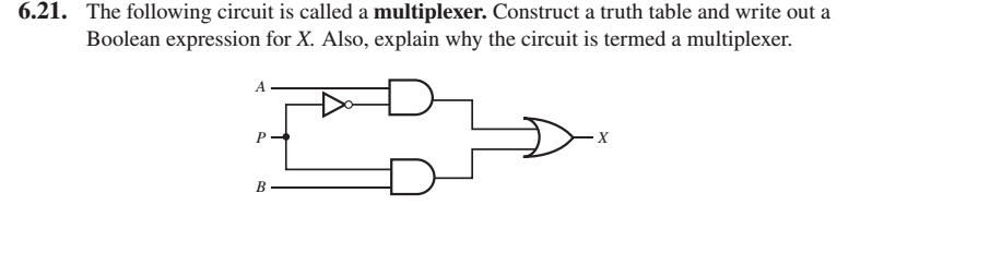 6.21. The following circuit is called a multiplexer. Construct a truth table and write out a
Boolean expression for X. Also, explain why the circuit is termed a multiplexer.
В
