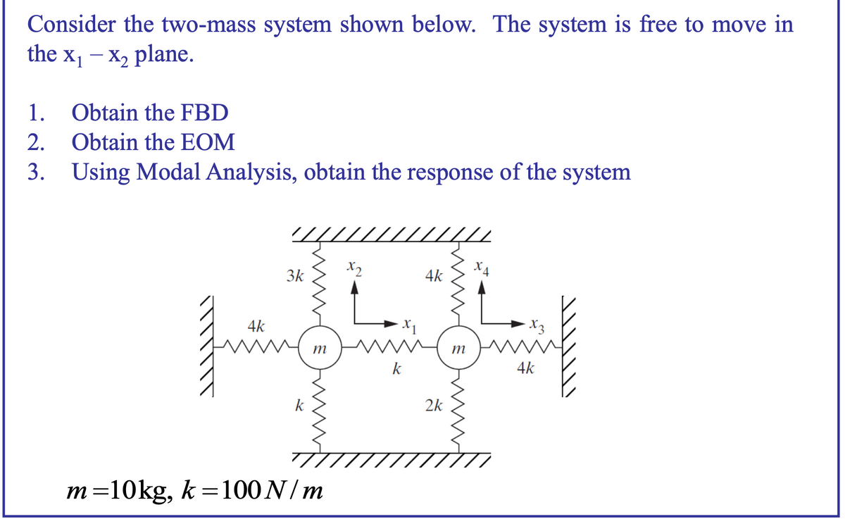 Consider the two-mass system shown below. The system is free to move in
the x₁ - x₂ plane.
1. Obtain the FBD
2. Obtain the EOM
3. Using Modal Analysis, obtain the response of the system
x2
X4
3k
4k
4k
quing
m
m=10kg, k = 100 N/m
m
k
2k
m
4k