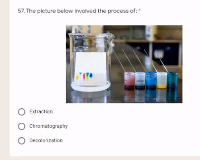 57. The picture below involved the process of: *
Extraction
Chromatography
O Decolorization

