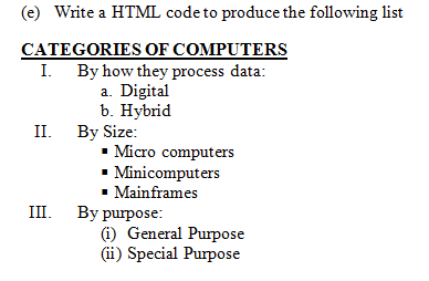 (e) Write a HTML code to produce the following list
CATEGORIES OF COMPUTERS
I. By how they process data:
a. Digital
b. Hybrid
II. Вy Size:
• Micro computers
Minicomputers
• Mainframes
I. Ву рuрose:
(i) General Purpose
(ii) Special Purpose

