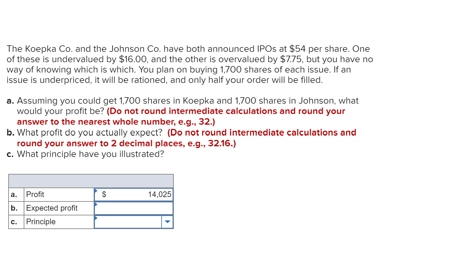 The Koepka Co. and the Johnson Co. have both announced IPOS at $54 per share. One
of these is undervalued by $16.00, and the other is overvalued by $7.75, but you have no
way of knowing which is which. You plan on buying 1,700 shares of each issue. If an
issue is underpriced, it will be rationed, and only half your order will be filled.
a. Assuming you could get 1,700 shares in Koepka and 1,700 shares in Johnson, what
would your profit be? (Do not round intermediate calculations and round your
answer to the nearest whole number, e.g., 32.)
b. What profit do you actually expect? (Do not round intermediate calculations and
round your answer to 2 decimal places, e.g., 32.16.)
c. What principle have you illustrated?
Profit
14,025
a.
b. Expected profit
Principle
C.
