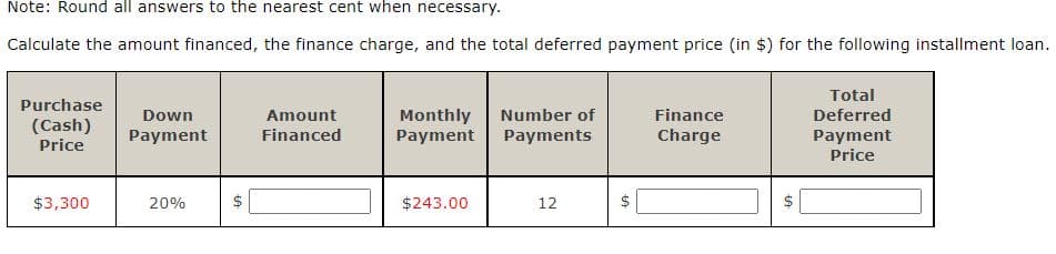 Note: Round all answers to the nearest cent when necessary.
Calculate the amount financed, the finance charge, and the total deferred payment price (in $) for the following installment loan.
Total
Purchase
Monthly
Payment
Down
Amount
Number of
Finance
Deferred
(Cash)
Price
Payment
Financed
Payments
Charge
Payment
Price
$3,300
20%
$|
$243.00
$
$
12
%24
%24
