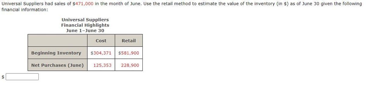 Universal Suppliers had sales of $471,000 in the month of June. Use the retail method to estimate the value of the inventory (in $) as of June 30 given the following
financial information:
Universal Suppliers
Financial Highlights
June 1-June 30
Cost
Retail
Beginning Inventory
$304,371
$581,900
Net Purchases (June)
125,353
228,900
