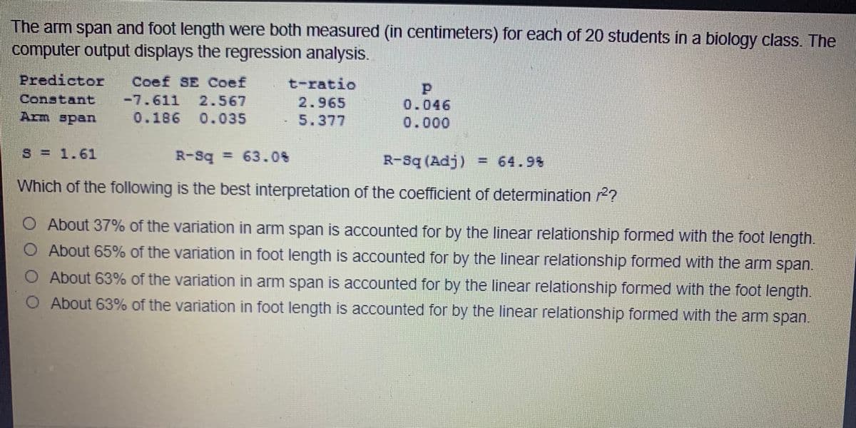 The arm span and foot length were both measured (in centimeters) for each of 20 students in a biology class. The
computer output displays the regression analysis.
Predictor
Coef SE Coef
t-ratio
Constant
Arm span
-7.611 2.567
2.965
0.046
0.186 0.035
5.377
0.000
S = 1.61
R-Sq = 63.08
R-Sq (Adj) = 64.98
Which of the following is the best interpretation of the coefficient of determination 2?
O About 37% of the variation in arm span is accounted for by the linear relationship formed with the foot length.
O About 65% of the variation in foot length is accounted for by the linear relationship formed with the arm span.
O About 63% of the variation in arm span is accounted for by the linear relationship formed with the foot length.
O About 63% of the variation in foot length is accounted for by the linear relationship formed with the arm span.
