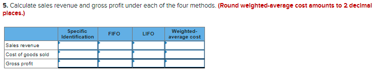 5. Calculate sales revenue and gross profit under each of the four methods. (Round welghted-average cost amounts to 2 decimal
places.)
Specific
Identification
Weighted-
average cost
FIFO
LIFO
Sales revenue
Cost of goods sold
Gross profit
