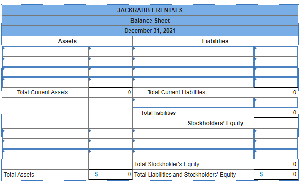 JACKRABBIT RENTALS
Balance Sheet
December 31, 2021
Assets
Liabilities
Total Current Assets
Total Current Liabilities
Total liabilities
Stockholders' Equity
Total Stockholder's Equity
Total Assets
0 Total Liabilities and Stockholders' Equity
