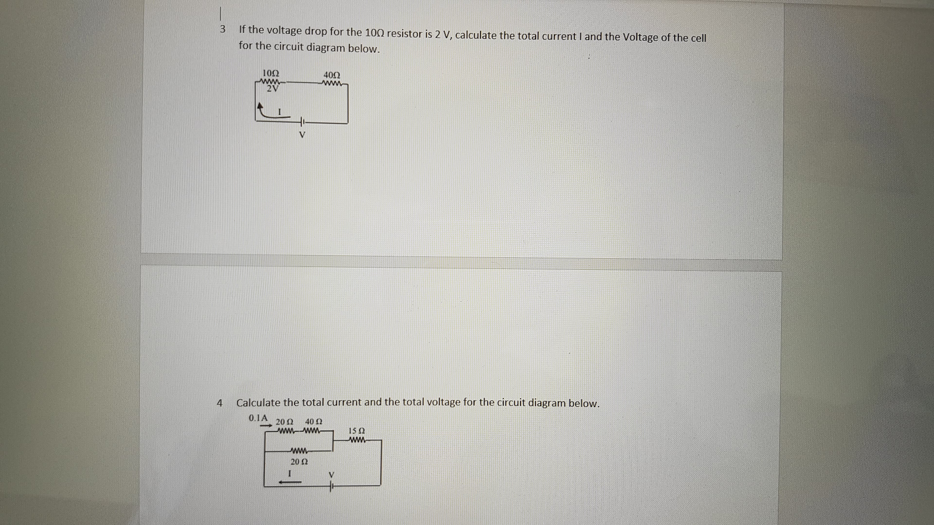 If the voltage drop for the 100 resistor is 2 V, calculate the total current I and the Voltage of the cell
for the circuit diagram below.
102
ww.
2V
402
