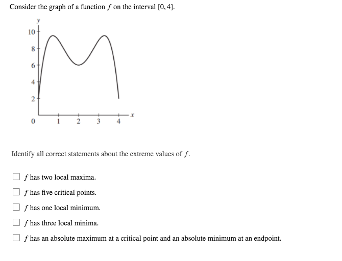 Consider the graph of a function f on the interval [0, 4].
10-
6
Identify all correct statements about the extreme values of f.
f has two local maxima.
f has five critical points.
f has one local minimum.
f has three local minima.
f has an absolute maximum at a critical point and an absolute minimum at an endpoint.
